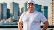 © QuoDesign - Plus size man wearing white t-shirt and white baseball cap standing on cityscape background