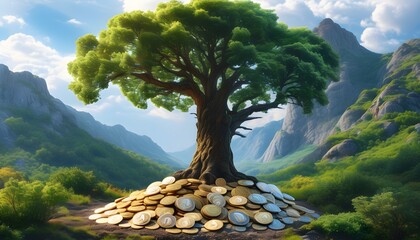 Wall Mural - Majestic tree flourishing amidst a mound of cryptocurrency, representing blockchain prosperity against a captivating natural backdrop