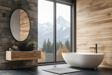 Wall Mural - Luxurious Spa Inspired Bathroom with Wood and Stone Elements, Featuring a Large Window