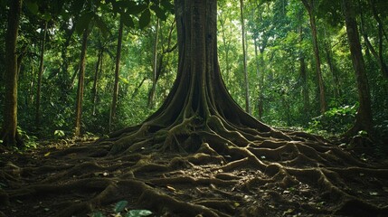 A big tree with exposed roots spreading across a forest floor, surrounded by smaller trees and lush greenery, showcasing the tree's natural dominance.