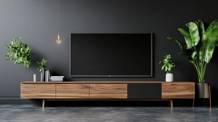 Canvas Print - Luxury Living: Modern Television Cabinet with Plant in Elegant Dark Gray Room