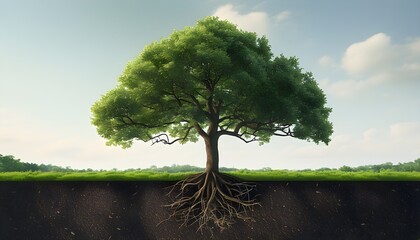 Wall Mural - Thriving tree symbolizing economic prosperity rising from rich soil amidst a vibrant landscape and clear sky