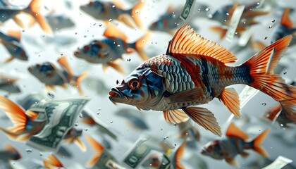 Fish navigating through a sea of paper currency, symbolizing economic currents, with a realistic backdrop isolated on white for text placement