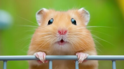 Canvas Print - A hamster looking over a metal gate with its mouth open, AI