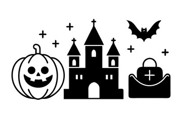 Wall Mural - Halloween icon set . Pumpkin, Ghost, Bat, Grave, Vampire, Amazing Castle Black Icon for October 31 celebration. Spooky horror outline pictogram. Editable stroke. Vector illustration.