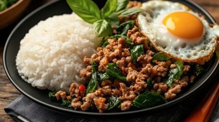 Wall Mural - A close-up of a traditional Thai dish of fried basil with minced pork, served with steamed rice and a fried egg on the side.