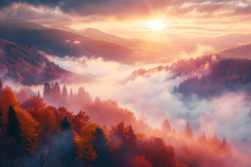 morning sunrise with beautiful nature, autumn scenery of foggy valley. outdoor travel, relax concept