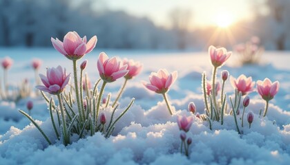 Wall Mural -  Snowy serenity with delicate pink flowers