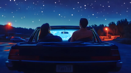 Sticker - A couple enjoying a date night at a drive-in movie theater, capturing the vintage romance of watching films under the stars. Concept of retro date nights. Generative Ai.