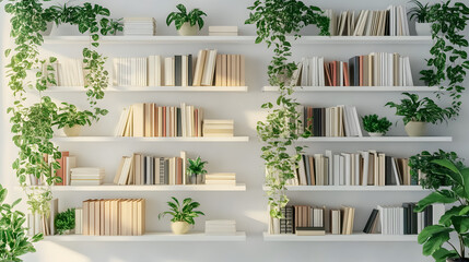 Poster - White bookshelf with plants and folders over wall hyper realistic