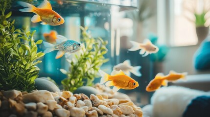 A fish tank in a living room setting, filled with colorful fish swimming around plants and decorative rocks, adding a peaceful vibe to the space.