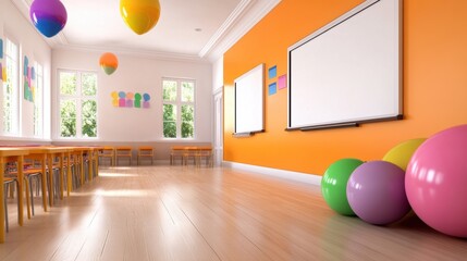 A classroom with colorful balloons and a chalkboard on the wall, AI