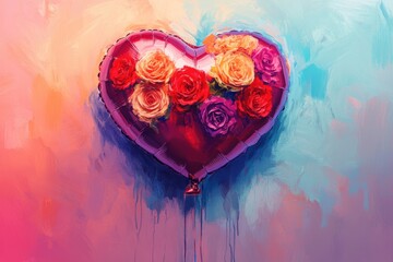 valentines day illustration, vibrant digital drawing of a heart-shaped balloon bouquet with roses, symbolizing love and affection for valentines day