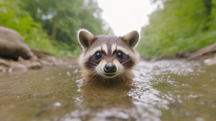 Sticker - A raccoon swimming in a river with its head sticking out, AI