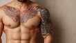 © starush - A man with a large tattoo on his chest and arms, AI