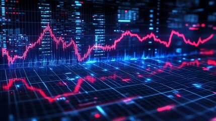 Leinwandbilder - A digital grid with a red line graph showing fluctuations.