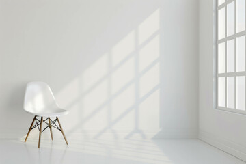 Bright white room with a single chair emphasizing comfort and style. AI generative.