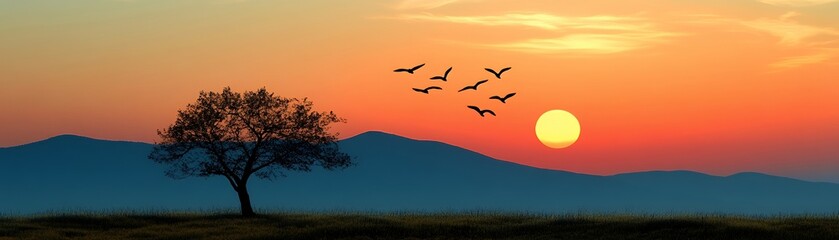 Poster - Silhouetted tree against a vibrant sunset with birds flying overhead.