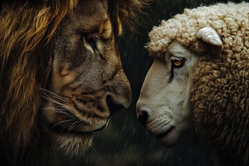  Intense face-off between a lion and a sheep, symbolizing a contrast of strength and vulnerability in nature.