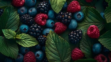 Close up of fresh berry fruit background with leaves, top view. Photorealistic high resolution macro photography for advertising or food design