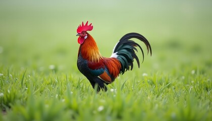 Canvas Print -  Vibrant rooster in a field of green