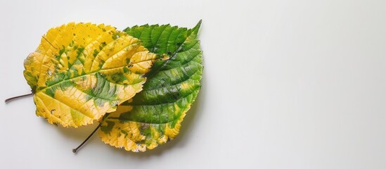 Sticker - Green Leaf Turned Yellow And Withered On A White Background Close Up Leaf Infectious Leaves Disease