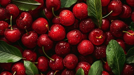 Wall Mural - Close up of fresh cherry fruit background with leaves, top view. Photorealistic high resolution macro photography for advertising or food design.