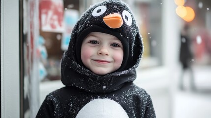 Young Danish Boy in Penguin Costume Enjoying Ice-Themed Party