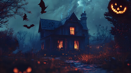 Canvas Print - Halloween night with a spooky house and bats, halloween background.