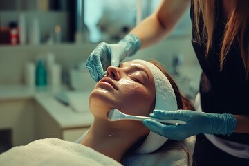 A female beautician is performing a skin cleansing treatment on a young woman in a beauty salon. This cosmetology procedure is part of anti-aging treatments offered at a spa clinic.