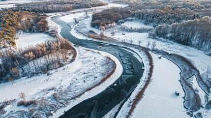 Canvas Print - Aerial View of a Winding River in Winter