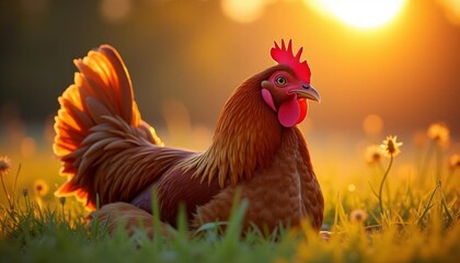 Wall Mural -  Vibrant rooster in a field of sunflowers basking in the golden glow of sunrise