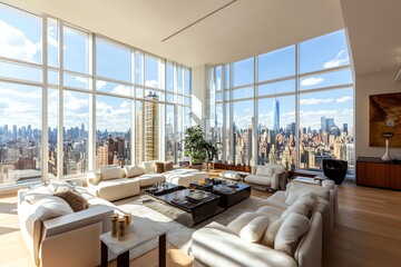 Poster - A modern living room with a large window overlooking a city skyline.