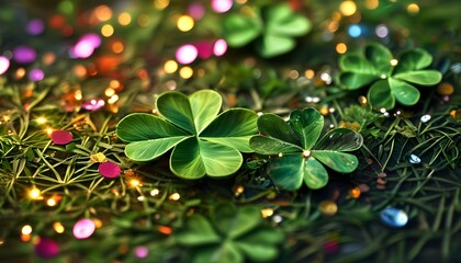 Wall Mural - Vibrant Clover Day Celebration with Festive Irish Confetti and Shiny Celtic Foliage in a Rustic Meadow Setting