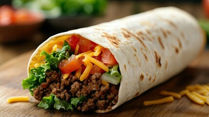 Wall Mural - A burrito loaded with seasoned ground beef, lettuce, tomatoes, and cheese, wrapped in a soft flour tortilla. A close-up shot to capture the texture and flavor.