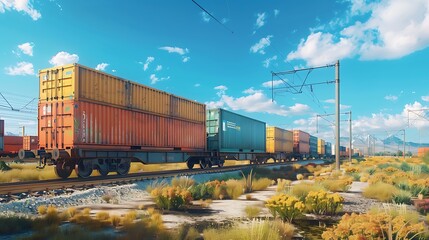 A freight train carrying colorful shipping containers passing through an industrial area on a bright sunny day.