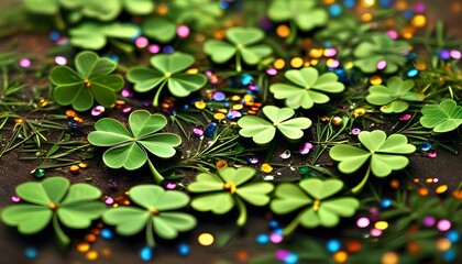 Wall Mural - Vibrant Clover Day Celebration with Festive Irish Confetti and Shiny Celtic Foliage in a Rustic Meadow Setting