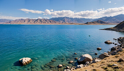 Poster - Vue panoramique d'un lac de montagne d’un bleu profond