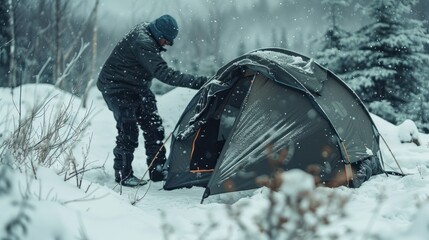 Wall Mural - Man Setting Up Camp In Snowy Forest