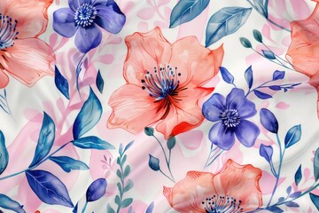 Wall Mural - A close-up view of a colorful floral print fabric, ideal for interior design, fashion, or craft projects