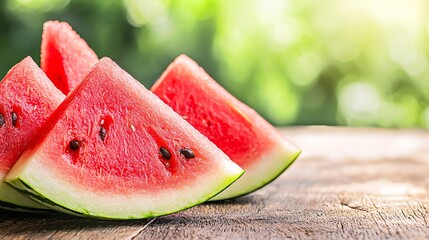 Fresh watermelon slices lie on a rustic wooden table, showcasing bright red flesh and a green rind against a soft, blurred green background.