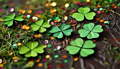 Wall Mural - Vibrant Clover Day Celebration with Festive Irish Confetti and Shiny Celtic Foliage in a Rustic Meadow Setting