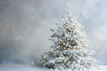 Snow-covered white Christmas tree standing alone in a serene winter background