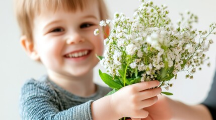 Poster - A joyful child presenting a bouquet of white flowers with a big smile.