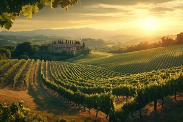 Canvas Print - Scenic vineyard landscape at sunset with rolling hills and a rustic building.