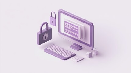 Wall Mural - A stylized illustration of a computer setup with security locks, emphasizing cybersecurity.