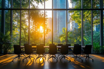 Poster - A row of office chairs in a boardroom with a panoramic view of a city skyline through large windows. The sun is shining through the windows, casting long shadows on the floor.
