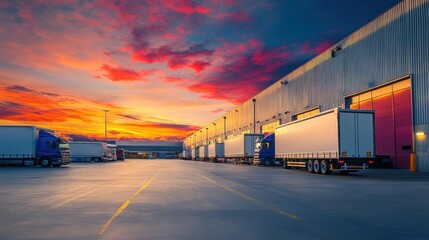 Poster - A sunset view of a logistics area with trucks parked near a warehouse.