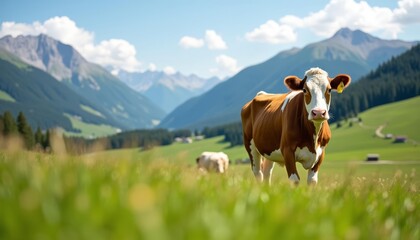 Wall Mural -  Peaceful pastoral scene with a cow in a mountain meadow