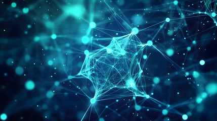 Poster - abstract blue green technology background with a cyber network grid and connected particles artificial neurons global data connections .stock immage